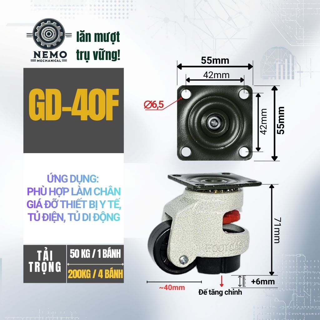 Bánh Xe Liền Chân Tăng Chỉnh Độ Cao GD – Chống Rung, Chịu Tải Nặng (GD-40F, 60F, 80F, 100F)